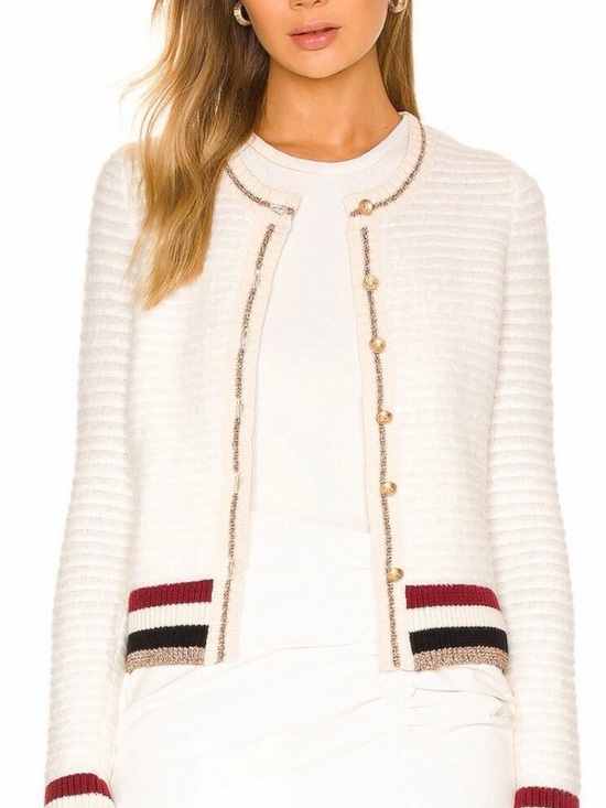 L'AGENCE Sweaters - L'AGENCE Cream Textured Open Cardigan with Red and Black Stripe Accents